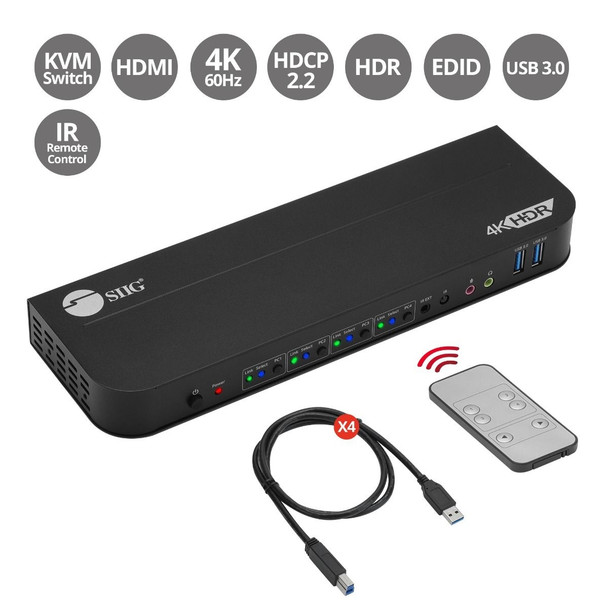 SIIG AC CE-KV0F11-S1 4x1 HDMI 4K HDR KVM USB3.0 Switch with Remote Control