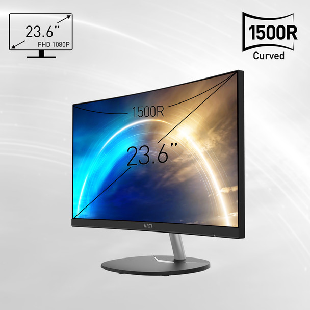 MSI Pro MP241CA 23.6 Inch Curved Monitor, 1500R, Full HD (1920 x 1080), 75Hz, VA, 4ms, FreeSync, HDMI, DiplayPort, Built-in Speakers, Anti-Glare, Anti-Flicker, Less Blue light, TÜV Certified, VESA, Kensington, Black ProMP241CA 824142294673