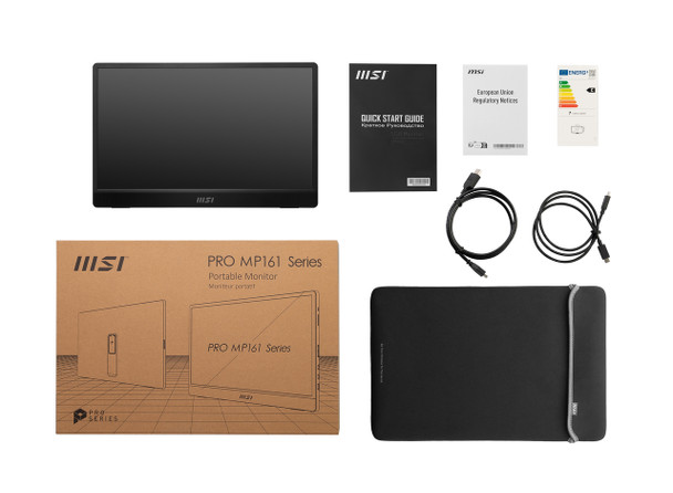 MSI Pro MP161 15.6" Portable Monitor, Adjustable kickstand, FHD (1920 x 1080), 60Hz, IPS, 2x USB-C, Mini HDMI, Speakers, Anti-Flicker, Less Blue light, Black ProMP161 824142303832