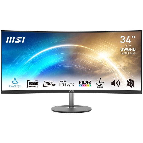 MSI Pro MP341CQ 34 Inch Curved Monitor, 1500R, UWQHD (3440 x 1440), 21:9, 100Hz, VA, 4ms, HDMI, VGA, Built-in Speakers, Anti-Glare, Anti-Flicker, Less Blue light, TÜV Certified, VESA, Kensington, Black PROMP341CQ 824142287309