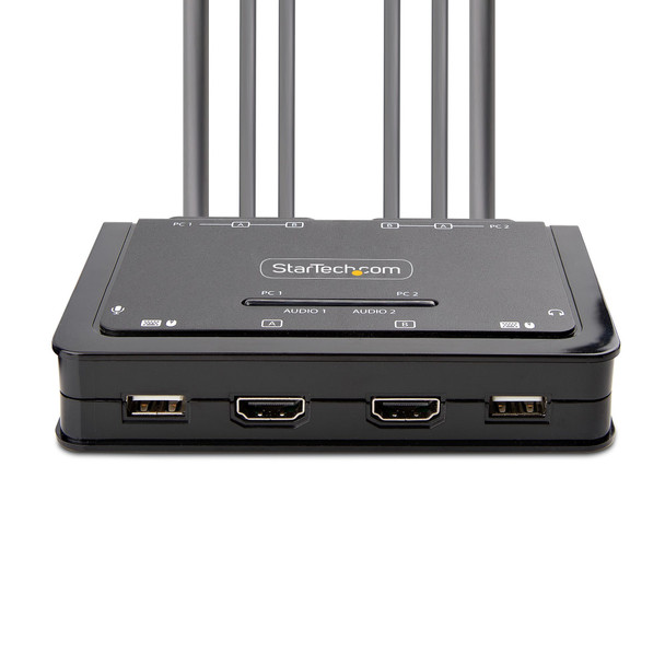 StarTech.com 2-Port Dual-Monitor HDMI Cable KVM Switch, 4K 60Hz, Compact KVM with 5ft/1.5m USB-A/HDMI/Audio Integrated Cables, Bus Powered - Remote Push Button/Hotkey Switching 065030899222