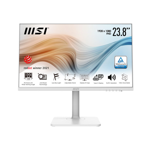 MSI Modern MD241PW 23.8 Inch Monitor with Adjustable Stand, Full HD (1920 x 1080), 75Hz, IPS, 5ms, HDMI, DisplayPort, USB Type-C, Built-in Speakers, Anti-Glare, Anti-Flicker, Less Blue light, TÜV Certified, VESA, Kensington, White 824142243589