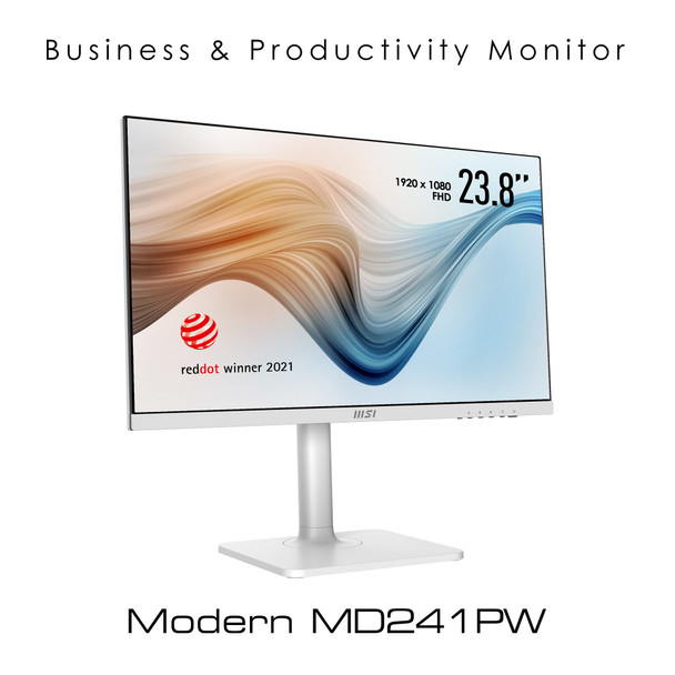 MSI Modern MD241PW 23.8 Inch Monitor with Adjustable Stand, Full HD (1920 x 1080), 75Hz, IPS, 5ms, HDMI, DisplayPort, USB Type-C, Built-in Speakers, Anti-Glare, Anti-Flicker, Less Blue light, TÜV Certified, VESA, Kensington, White 824142243589