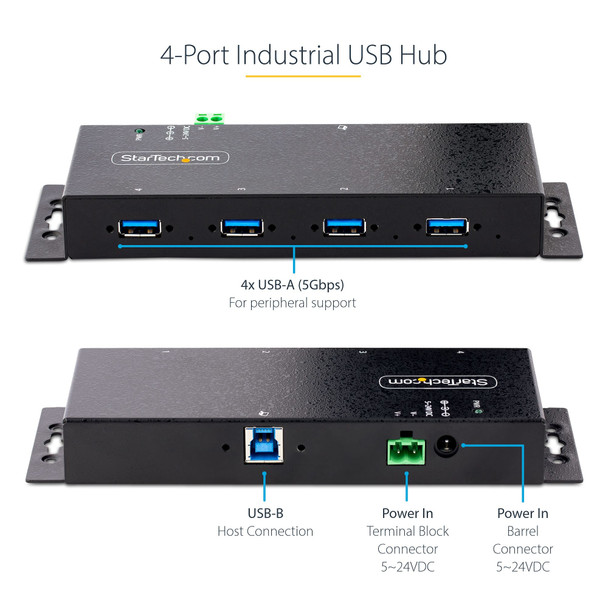 StarTech.com 4-Port Industrial USB 3.0 5Gbps Hub - Rugged USB Hub w/ ESD and Surge Protection - DIN/Wall/Desk Mountable USB-A Hub - USB Expander w/Locking Ports, Heavy Duty 065030898010