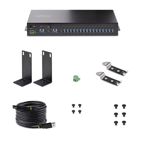 StarTech.com 16-Port Industrial USB 3.0 Hub 5Gbps, Metal, DIN/Surface/Rack Mountable, ESD Protection, Terminal Block Power, up to 120W Shared USB Charging, Dual-Host Hub/Switch 065030894999