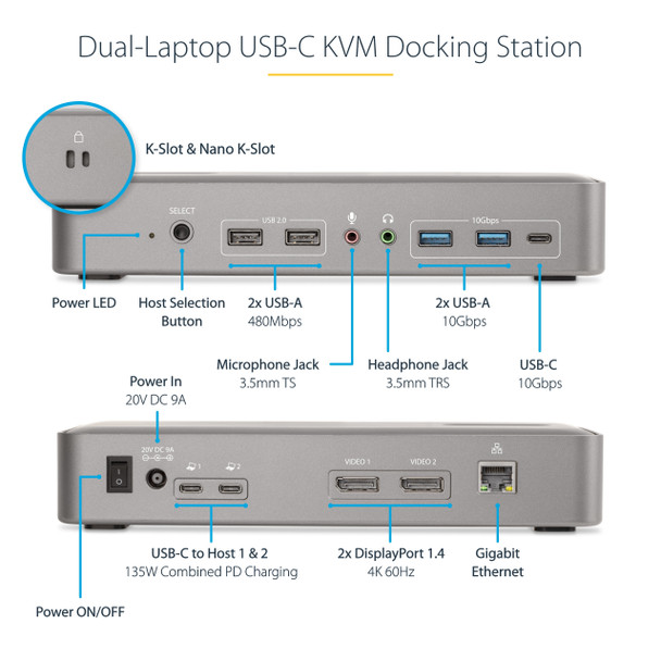 StarTech.com Dual-Laptop USB-C KVM Docking Station, Dual Monitor 4K 60Hz DisplayPort Dock, 5-Port USB Hub, GbE, 90W/45W Power Delivery to Two Laptops, Windows/Mac, 2-Host KVM Dock 065030897242