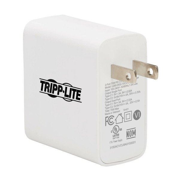 Tripp Lite Dual-Port Compact USB-C Wall Charger - GaN Technology, 70W PD Charging (50W+20W or 65W Max), White 037332275325