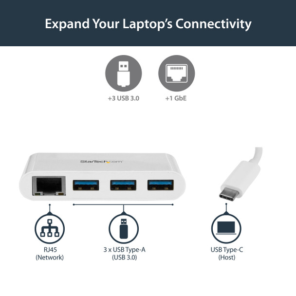 StarTech.com 3-Port USB-C Hub with Gigabit Ethernet - USB-C to 3x USB-A - USB 3.0 Hub - White 45968