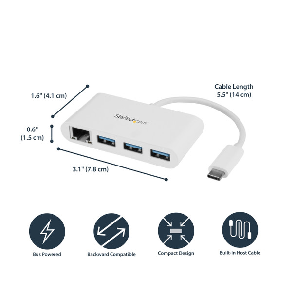 StarTech.com 3-Port USB-C Hub with Gigabit Ethernet - USB-C to 3x USB-A - USB 3.0 Hub - White 45968