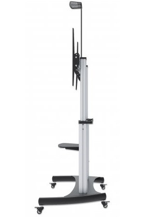 Manhattan TV & Monitor Mount, Trolley Stand, 1 screen, Screen Sizes: 60-100", Silver/Black, VESA 200x200 to 800x600mm, Max 100kg, Height adjustable 1200 to 1685mm, Camera and AV shelves, Aluminium, LFD, Lifetime Warranty 766623461672