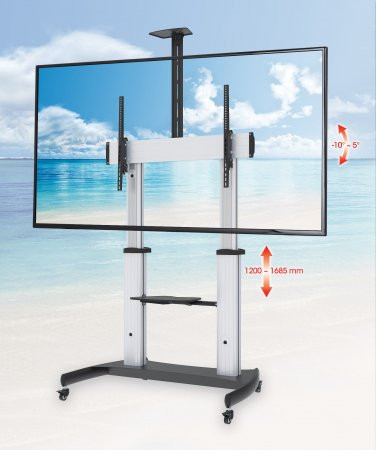 Manhattan TV & Monitor Mount, Trolley Stand, 1 screen, Screen Sizes: 60-100", Silver/Black, VESA 200x200 to 800x600mm, Max 100kg, Height adjustable 1200 to 1685mm, Camera and AV shelves, Aluminium, LFD, Lifetime Warranty 766623461672