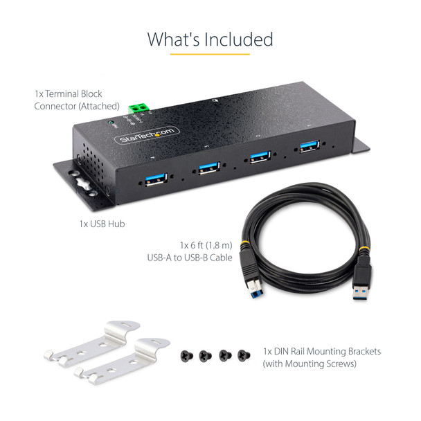 StarTech.com 4-Port Industrial USB 3.0 5Gbps Hub - Rugged USB Hub w/ ESD and Surge Protection - DIN/Wall/Desk Mountable USB-A Hub - USB Expander w/Locking Ports, Heavy Duty 65030898010