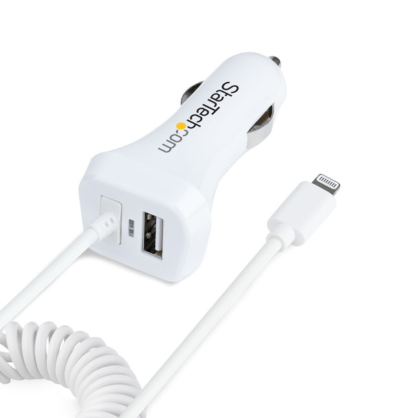 StarTech.com Lightning Car Charger with Coiled Cable, 1m Coiled Lightning Cable, 12W, White, 2 Port USB Car Charger Adapter for Phones and Tablets, Dual USB In Car iPhone Charger 65030883757