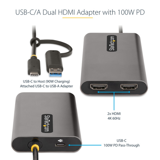 StarTech.com USB-C to Dual-HDMI Adapter - USB-C or A to 2x HDMI - 4K 60Hz - 100W Power Delivery Pass-Through - 1ft (30cm) Built-in Cable - USB to HDMI Multi-Monitor Converter for Laptop 65030894579