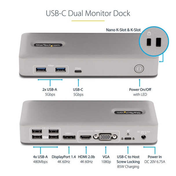 StarTech.com Dual-Monitor USB-C Docking Station, DisplayPort & HDMI or VGA, Multi Monitor Dock up to 4K 60Hz - USB 3.2/3.1 (5Gbps) Type-C Dock - 7x USB Hub, 85W PD, Windows & ChromeOS 65030893985