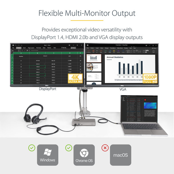 StarTech.com Dual-Monitor USB-C Docking Station, DisplayPort & HDMI or VGA, Multi Monitor Dock up to 4K 60Hz - USB 3.2/3.1 (5Gbps) Type-C Dock - 7x USB Hub, 85W PD, Windows & ChromeOS 65030893985