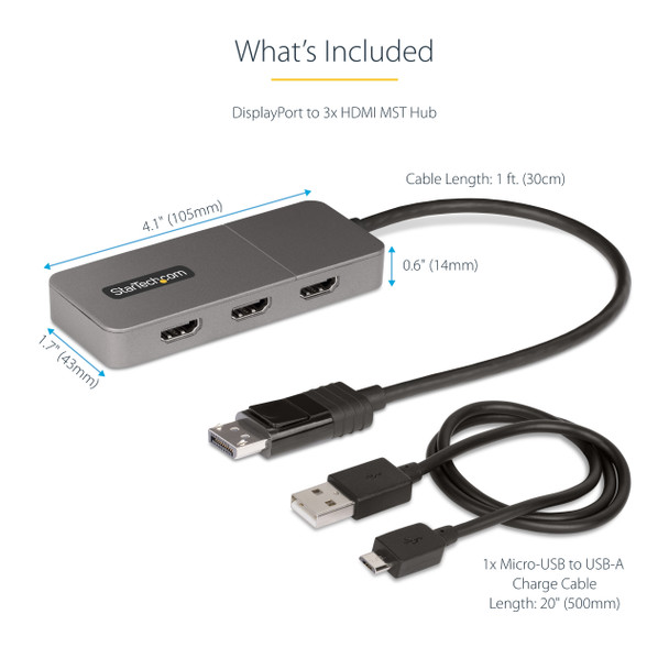 StarTech.com 3-Port MST Hub - DisplayPort to 3x HDMI, Triple 4K 60Hz Monitors, DP 1.4 Multi-Monitor Video Adapter, 1ft (30cm) Built-in Cable, USB Powered, Windows Only 65030897631