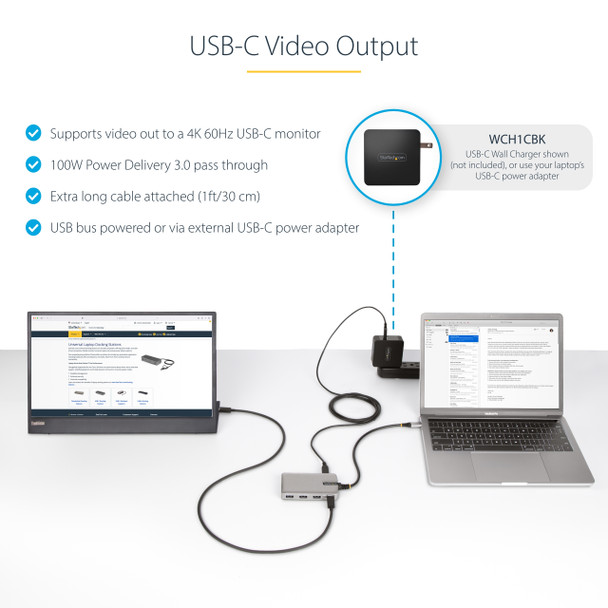 StarTech.com 4-Port USB-C Hub with USB-C DP Alt Mode Video Output 4K 60Hz - 3x USB-A, 1x USB Type-C, 100W Power Delivery Pass-Through, USB 3.2 10Gbps, 1ft/30cm Cable, Portable USB Hub 65030893022