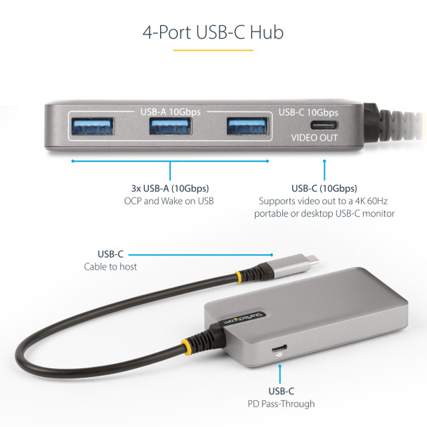 StarTech.com 4-Port USB-C Hub with USB-C DP Alt Mode Video Output 4K 60Hz - 3x USB-A, 1x USB Type-C, 100W Power Delivery Pass-Through, USB 3.2 10Gbps, 1ft/30cm Cable, Portable USB Hub 65030893022