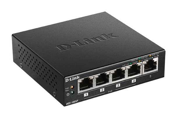 D-Link DGS-1005P Unmanaged L2 Gigabit Ethernet (10/100/1000) Power over Ethernet (PoE) Black 790069440939 DGS-1005P