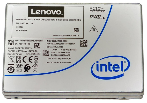 Lenovo 4XB7A17145 internal solid state drive U.2 1.92 TB PCI Express 4.0 TLC 3D NAND NVMe 889488525881