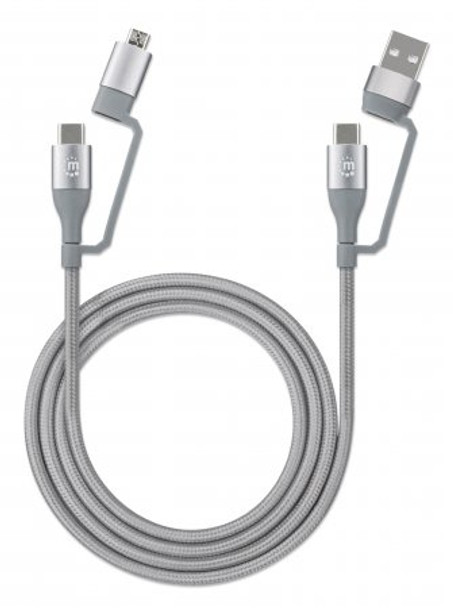 Manhattan USB-C & USB-A 4-in-1 Charge & Sync Cable, 1m, USB-C & USB-A to USB-C, USB-A and Micro-B, 480 Mbps (USB 2.0), 3A / 60W (fast charging), Male to Male, Braided Design, Space Grey, Lifetime Warranty, Boxed 766623390606