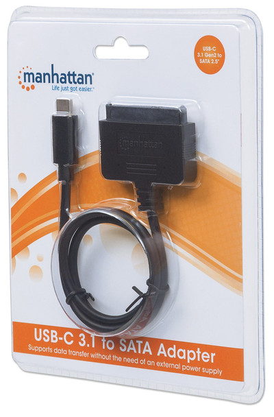 Manhattan USB-C to SATA 2.5" Adapter, Male to Male, 10 Gbps (USB 3.2 Gen2 aka USB 3.1), 22-pin 2.5" SATA I, II and III Hard Drives , Bus Power, SuperSpeed+ USB, Cable 25.5cm, Black, Three Year Warranty, Blister 766623152495