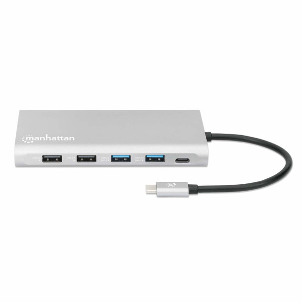 Manhattan USB-C Dock/Hub with Card Reader and MST, Ports (x10): Ethernet, 4K HDMI (X3), USB-A (x3) and USB-C (x2), With Power Delivery (100W) to 1x USB-C Port (USB-C wall charger/ cable needed) 766623130660