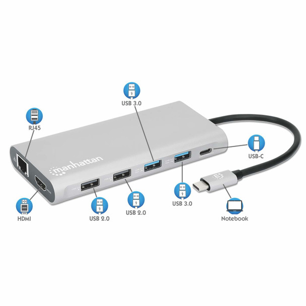 Manhattan USB-C Dock/Hub with Card Reader and MST, Ports (x10): Ethernet, 4K HDMI (X3), USB-A (x3) and USB-C (x2), With Power Delivery (100W) to 1x USB-C Port (USB-C wall charger/ cable needed) 766623130660