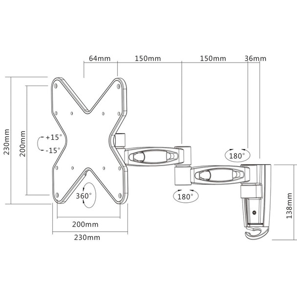 Manhattan TV & Monitor Mount, Wall, Full Motion, 1 screen, Screen Sizes: 23-42", Black, VESA 75x75 to 200x200, Max 20kg, Tilt & Swivel with 3 Pivots, Lifetime Warranty 766623423755