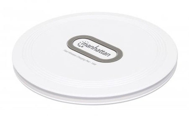 Manhattan Smartphone Wireless Charging Pad, Up to 15W charging (depends on device), QI certified, USB-C to USB-A cable included, USB-C input into pad, Cable 80cm, White, Three Year Warranty, Boxed 766623406024