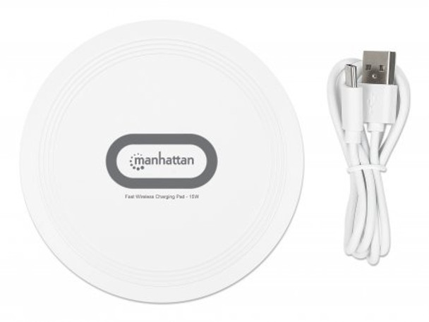 Manhattan Smartphone Wireless Charging Pad, Up to 15W charging (depends on device), QI certified, USB-C to USB-A cable included, USB-C input into pad, Cable 80cm, White, Three Year Warranty, Boxed 766623406024