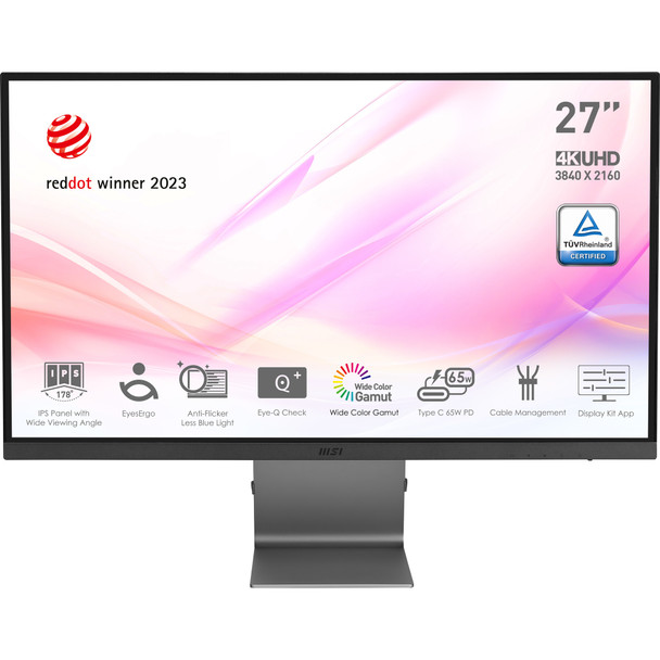 MSI Modern MD271UL 27 Inch Monitor, UHD (3840 x 2160), 60Hz, IPS, 4ms, Adaptive-Sync, 2x HDMI, DisplayPort, USB Type-C, Anti-Glare, Anti-Flicker, Less Blue light, TÜV Certified, Kensington, Grey 824142306208