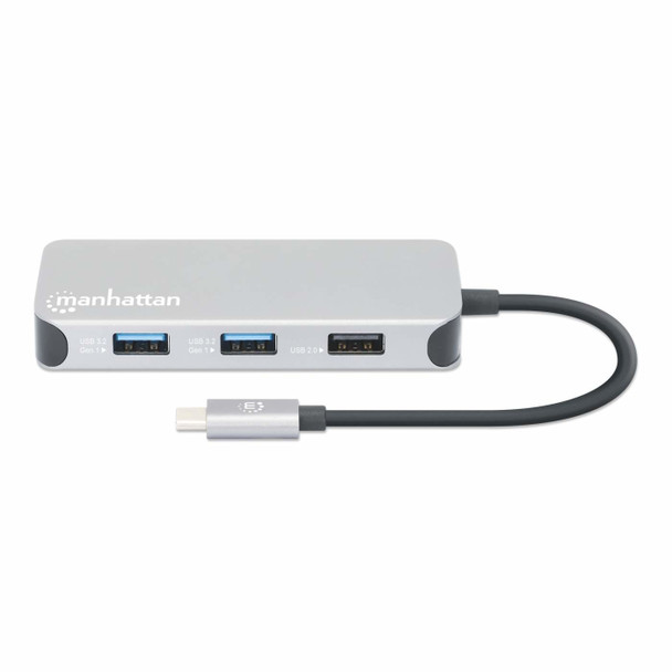 Manhattan USB-C Dock/Hub with Card Reader, Ports (x6): Ethernet, HDMI, USB-A (x3) and USB-C, With Power Delivery (10W) to USB-C Port, Cable 15cm, Aluminium, Silver, Three Year Warranty, Retail Box 766623130615