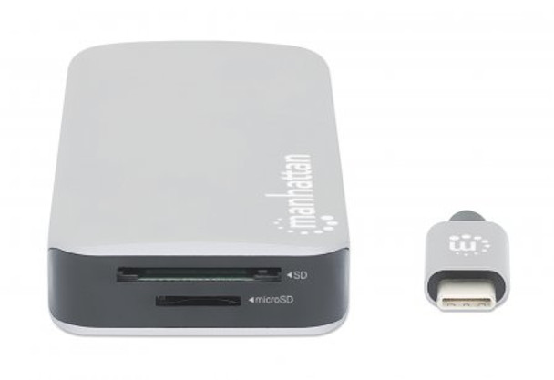 Manhattan USB-C Dock/Hub with Card Reader, Ports (x6): Ethernet, HDMI, USB-A (x3) and USB-C, With Power Delivery (10W) to USB-C Port, Cable 15cm, Aluminium, Silver, Three Year Warranty, Retail Box 766623130615