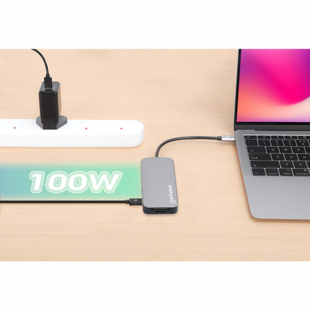 Manhattan USB-C Dock/Hub with Card Reader, Ports (x6): Ethernet, HDMI, USB-A (x3) and USB-C, With Power Delivery (10W) to USB-C Port, Cable 15cm, Aluminium, Silver, Three Year Warranty, Retail Box 766623130615