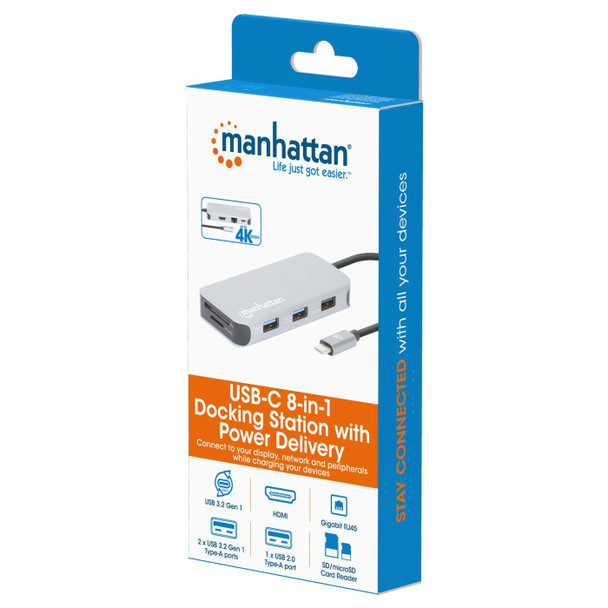 Manhattan USB-C Dock/Hub with Card Reader, Ports (x6): Ethernet, HDMI, USB-A (x3) and USB-C, With Power Delivery (10W) to USB-C Port, Cable 15cm, Aluminium, Silver, Three Year Warranty, Retail Box 766623130615