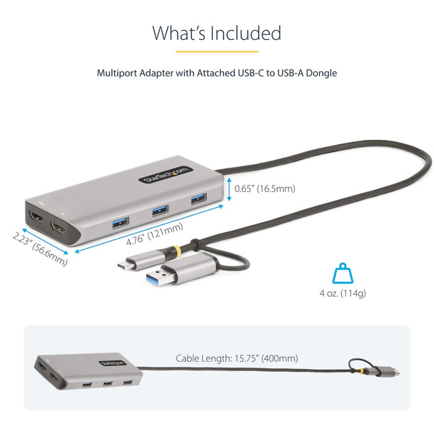 StarTech.com USB-C Multiport Adapter w/Attached USB-C to USB-A Dongle, Dual HDMI (4K30Hz/1080p60Hz), 3x USB-A 5Gbps, Mini Travel Dock, Laptop Docking Station, 1.3ft/40cm Cable 065030901260