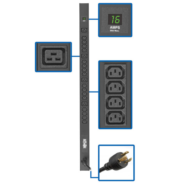 Tripp Lite PDUMV20HV-36 3.7kW 208/230V Single-Phase Local Metered PDU - 16 C13 & 4 C19 Outlets, C20/L6-20P Input, 10-ft. (3.05 m) Cord, 40 in. 0U Rack 037332255921