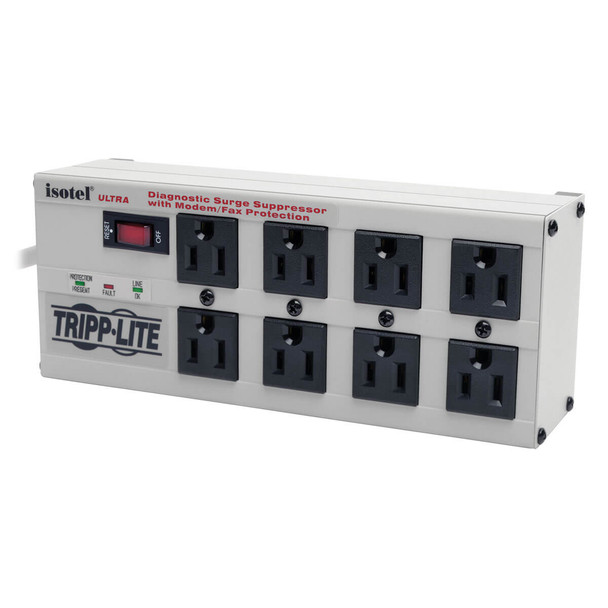 Tripp Lite Isobar 8-Outlet Surge Protector, 12 ft. Cord with Right-Angle Plug, 3840 Joules, Diagnostic LEDs, Tel/Fax/Modem, Metal 037332010575