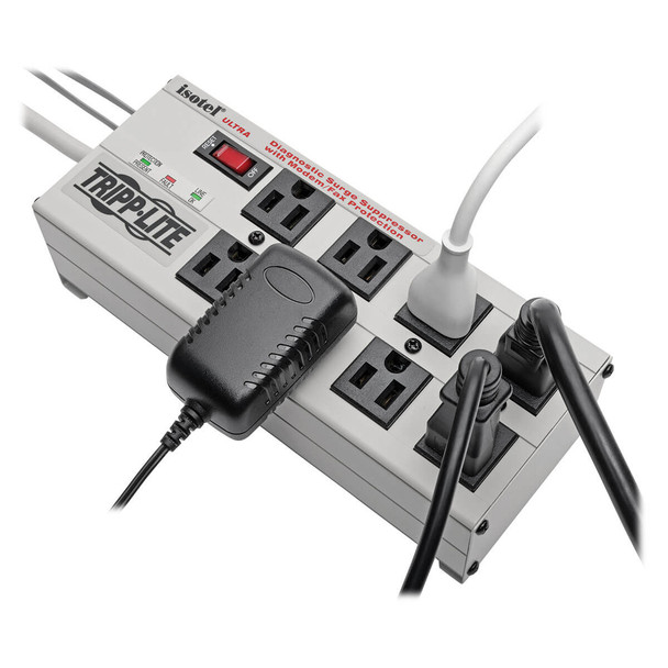 Tripp Lite Isobar 8-Outlet Surge Protector, 12 ft. Cord with Right-Angle Plug, 3840 Joules, Diagnostic LEDs, Tel/Fax/Modem, Metal 037332010575