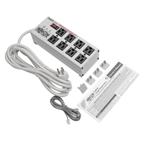 Tripp Lite Isobar 8-Outlet Surge Protector, 12 ft. Cord with Right-Angle Plug, 3840 Joules, Diagnostic LEDs, Tel/Fax/Modem, Metal 037332010575