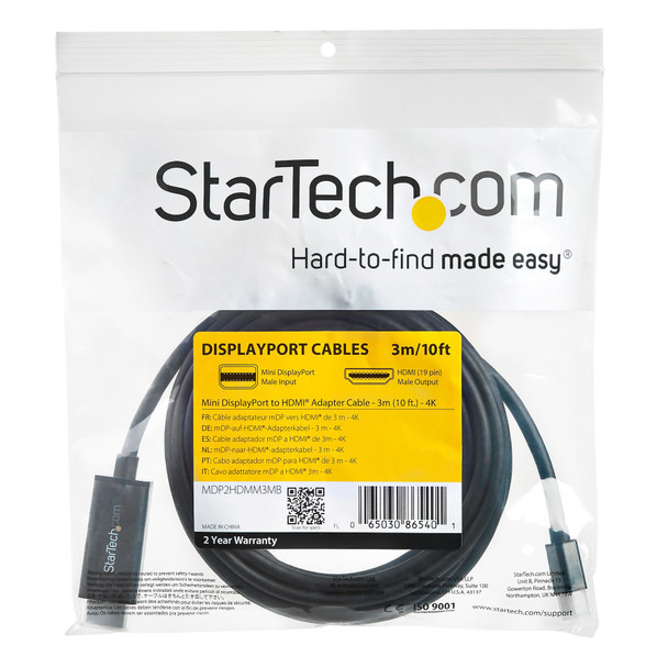 StarTech.com 10ft (3m) Mini DisplayPort to HDMI Cable - 4K 30Hz Video - mDP to HDMI Adapter Cable - Mini DP or Thunderbolt 1/2 Mac/PC to HDMI Monitor/Display - mDP to HDMI Converter Cord 46981