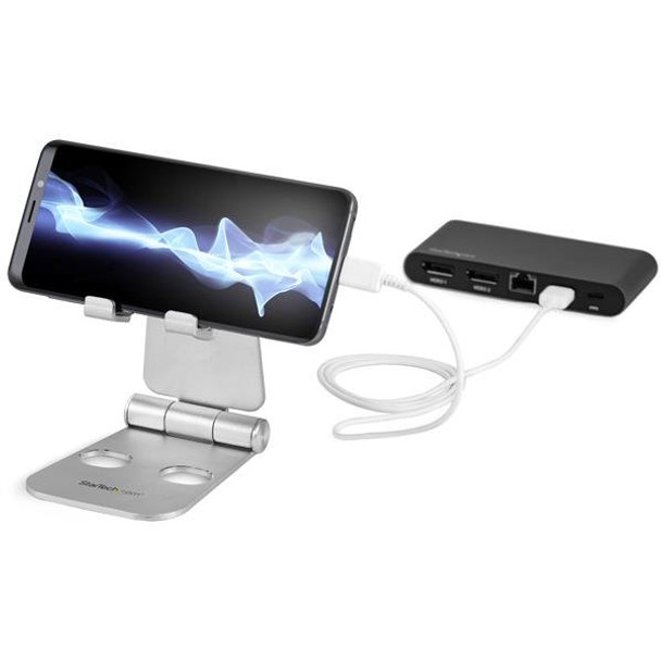 StarTech.com Phone and Tablet Stand - Foldable Universal Mobile Device Holder for Smartphones & Tablets - Adjustable Multi-Angle Ergonomic Cell Phone Stand for Desk - Portable - Silver 47055