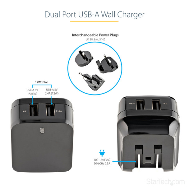 StarTech.com Dual-port USB wall charger - international travel - 17W/3.4A - black 47238