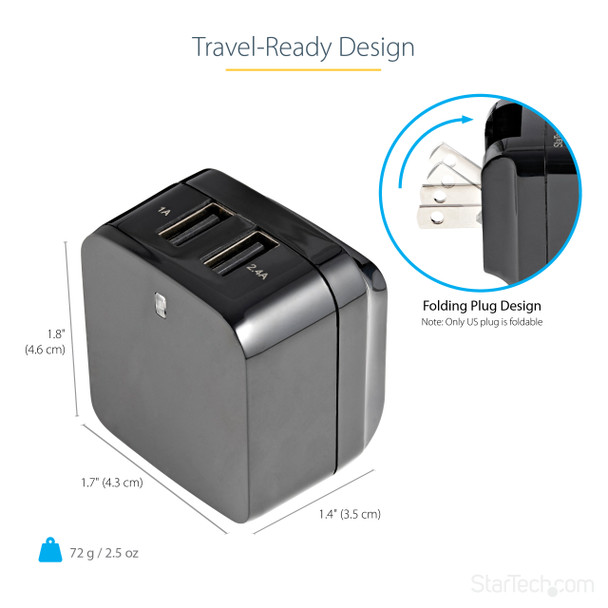 StarTech.com Dual-port USB wall charger - international travel - 17W/3.4A - black 47238