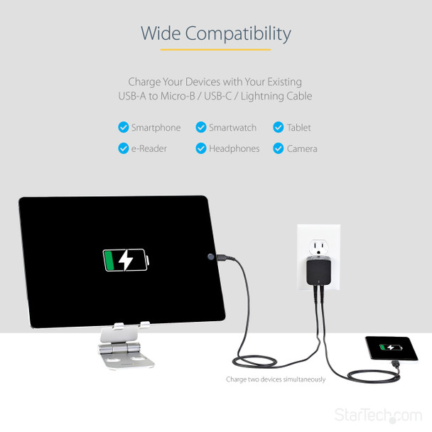 StarTech.com Dual-port USB wall charger - international travel - 17W/3.4A - black 47238