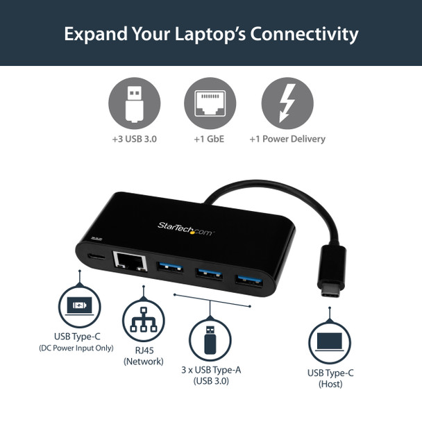 StarTech.com USB-C to Ethernet Adapter with 3-Port USB 3.0 Hub and Power Delivery 47787