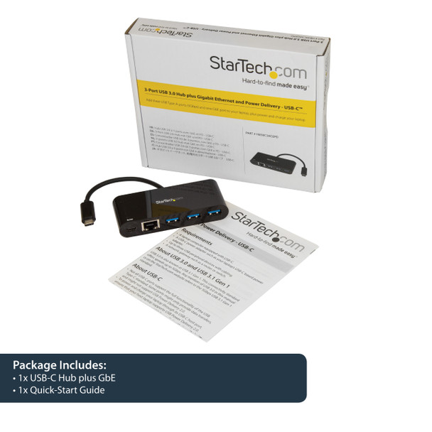 StarTech.com USB-C to Ethernet Adapter with 3-Port USB 3.0 Hub and Power Delivery 47787