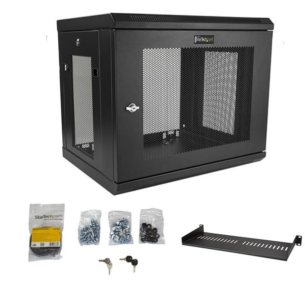 StarTech.com 2 Post 9U 19" Wall Mount Network Cabinet - Adjustable Depth 6-15"- Locking IT Switch Depth Enclosure - Vented Computer/Electronics Equipment Data Rack w/Shelf & Hook & Loop Tape 47801